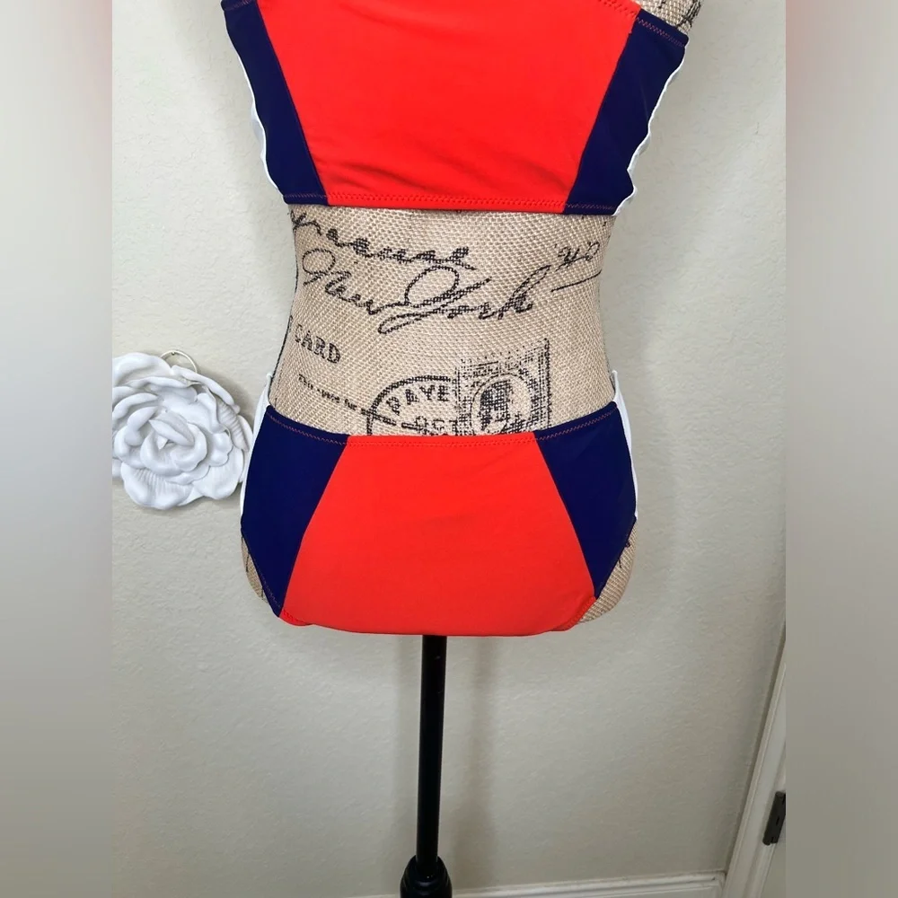 Cupshe Colorblock Bikini Set Orange Blue White Mid Rise Swim Size M - Picture 11 of 16